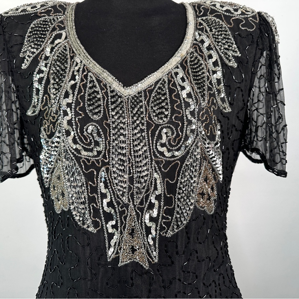 Vintage 80s Black Silver Silk Sequin Beaded Dress Vee Neck Flapper Midi S/M